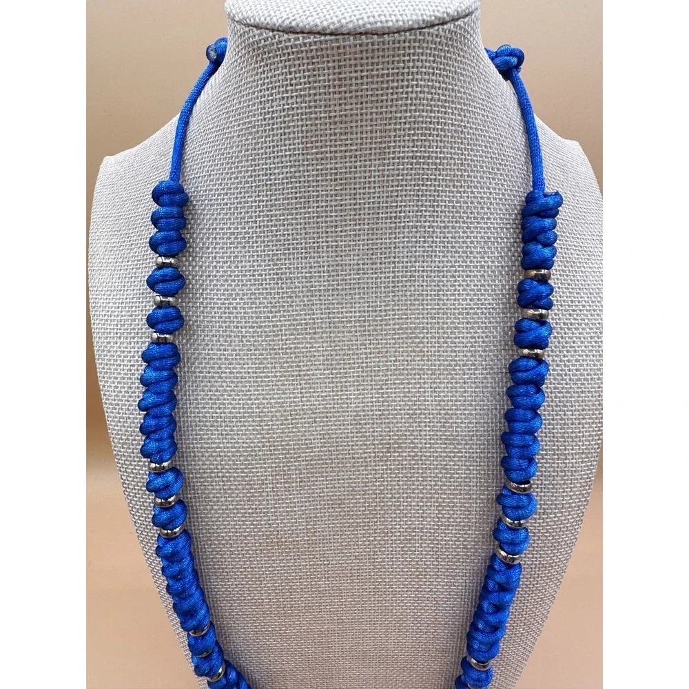 Blue Knotted Cord Necklace Silver Tone Spacer Beads Boho Festival Statement Gift